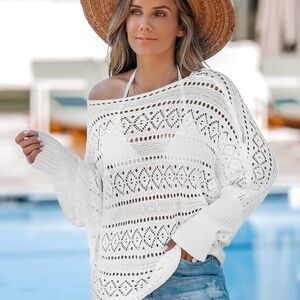 Perforated Knit Boat Neck Gigot Sleeve Cover-Up